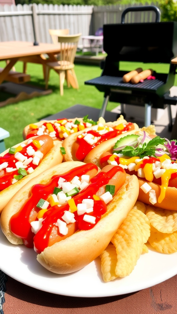 Grilled hot dogs in buns with ketchup, mustard, onions, and cheese in a sunny backyard setting.